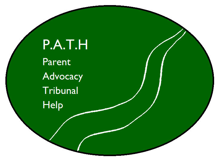 Large dark green oval, with white letters that read P.A.T.H Parent. Advocacy. Tribunal. Help. 