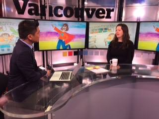 man on left interviewing white woman on the right, kid books pictures on screens behind them. This is a news desk. 